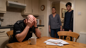 Police officer experiencing emotional distress while his family looks on with concern